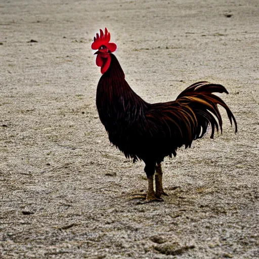 Prompt: a photograph of a rooster standing on a Philippines beach