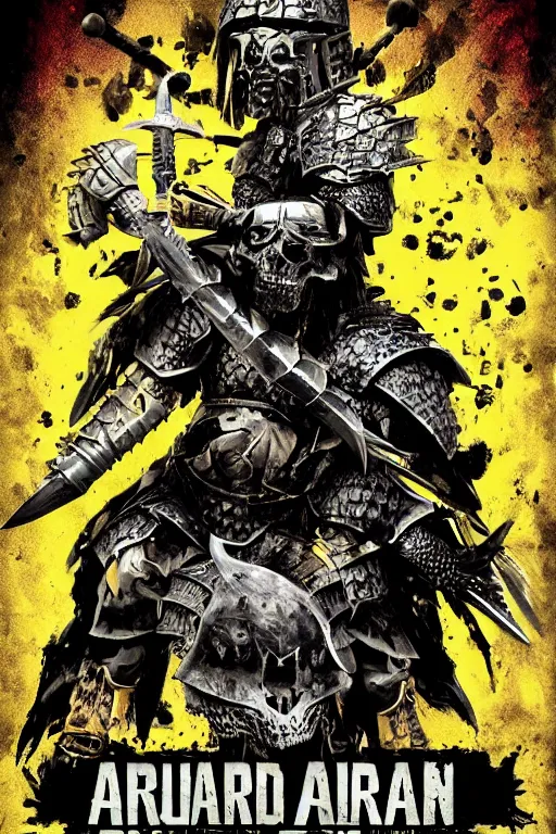 Image similar to an armored barbarian, loaded with weapons and animal skulls, horror sci - fi black and yellow poster