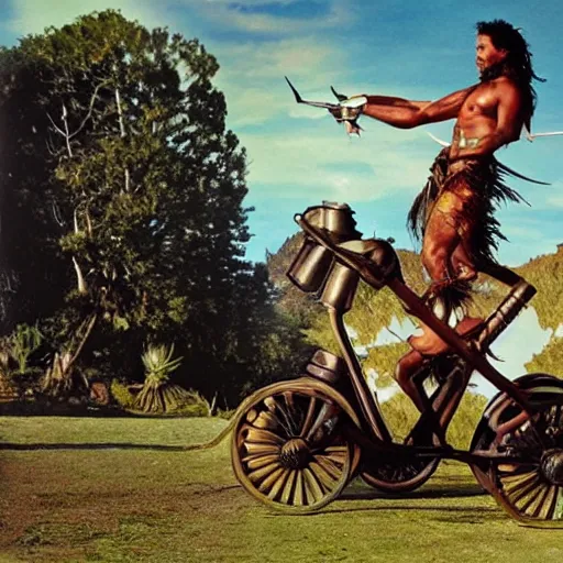 Prompt: Maori warrior on ancient motorcucle with drone by david lachapelle, old photo, vintage