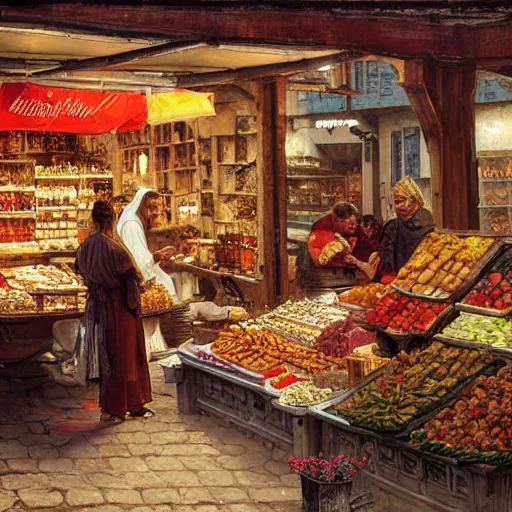 Prompt: a mockup of a medieval Mediterranean street market , beautiful digital art, cinematic composition, detailed, concept art, Matt painting, oil painting, art by Norman Rockwell