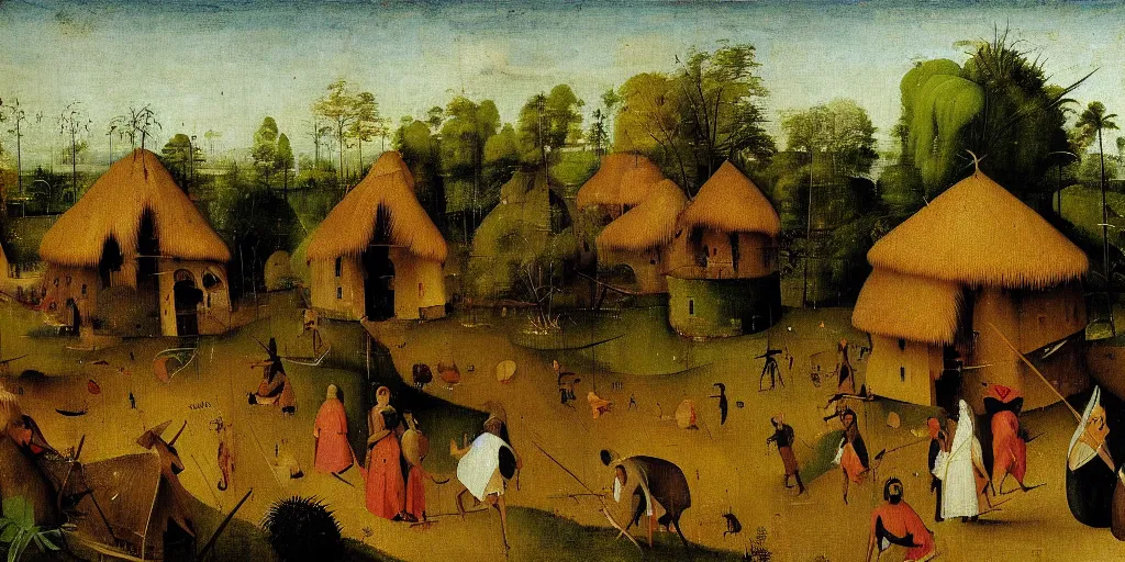 Image similar to painting of a kerala village by Hieronymus Bosch, with some coconut trees and thatched houses