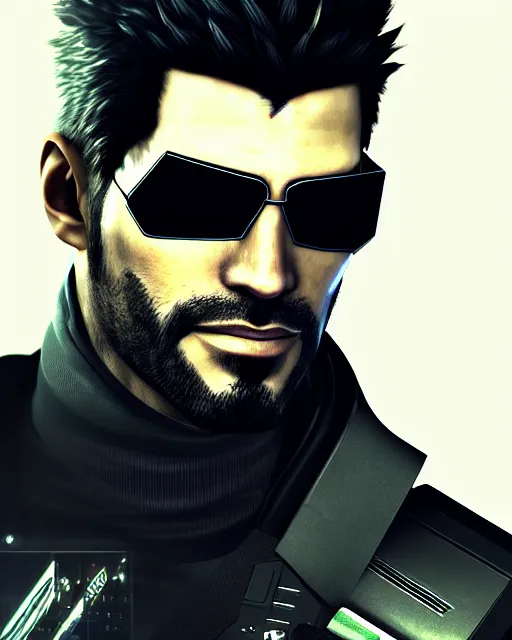 Prompt: portrait of adam jensen, deus ex influence, cyberpunk influence, artstation trending, deviantart, highly detailed, focus, smooth, by hirohiko araki, yoshitaka amano