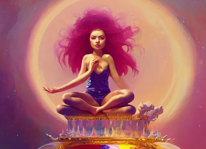 Prompt: wide view picture of a extremely beautiful and aesthetic girl, sitting on the throne, centred position, bright hair, floating greed cubes on the background, lighting eyes, magic circle on the hand, magic and fantasy, highly detailed cute face, specular reflection, occlusion shadow, intricate, masterpiece, by ilya kuvshinov and jeremy lipking and quentin mabille