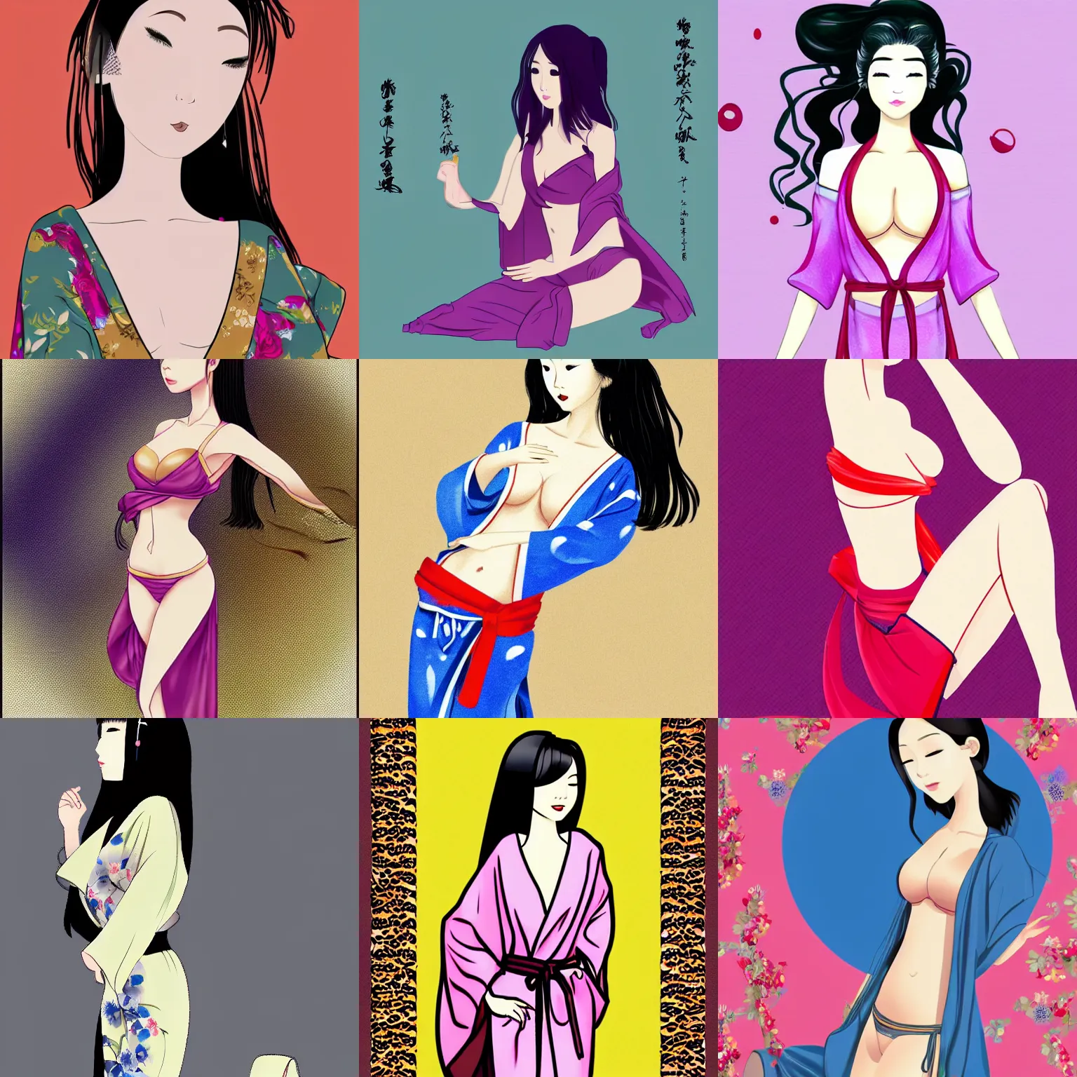 Prompt: gorgeous japanese girl in silk robes with very tiny waist and large hips, digital illustration