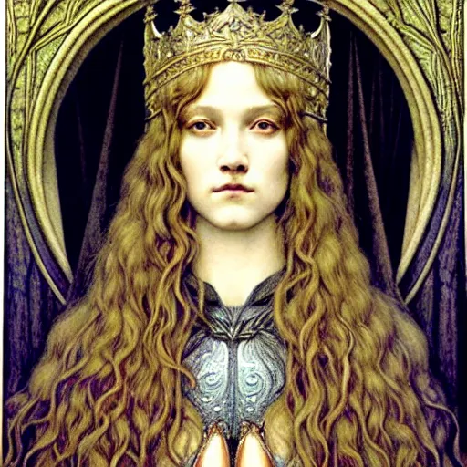 Image similar to detailed realistic beautiful young medieval queen face portrait by jean delville, gustave dore and marco mazzoni, art nouveau, symbolist, visionary, gothic, pre - raphaelite. horizontal symmetry