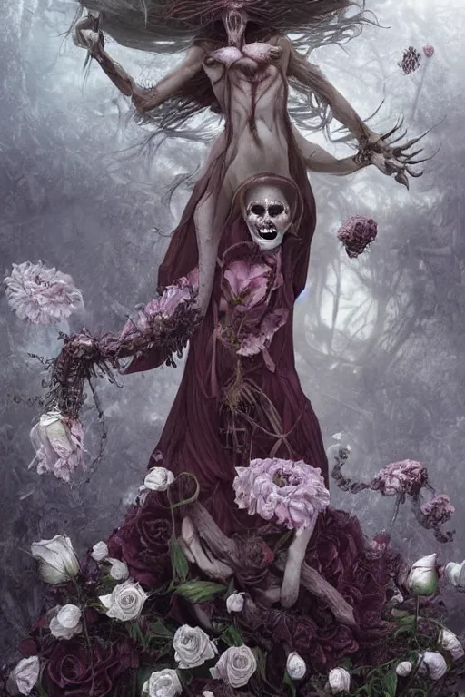 Prompt: Surreal Female Demon of Death with a Sinister Grin Floating in the air, in the middle of a garden of white roses and Dhalias, photo realistic, insanely detailed, mist, trending on artstation, golden ratio, ultra super good realistic 3D render by Gerald Brom