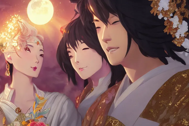 Image similar to close up moment of a divine a japan sun god and a moon goddess lovers magician at a wedding banquet, highly detailed, genshin, fantasy, 4 k realistic, digital painting, trending on artstation, concept art, sharp focus, illustration, art by makoto shinkai and akihiko yoshida and daniel gerhartz