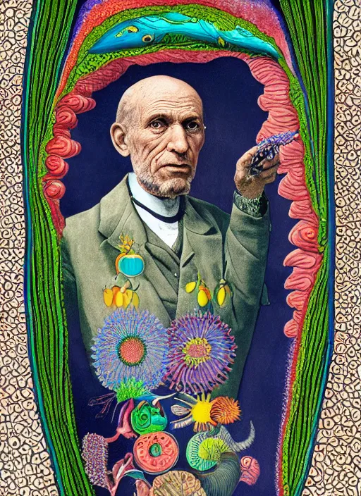 Prompt: a portrait of a school teacher in full colour, in the style of, Ernst Haeckel and Picasso,