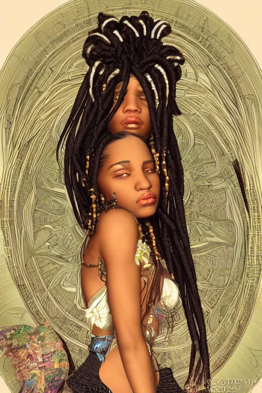 Prompt: beautiful black woman with gorgeous beaded dreadlock hairstyle, as seen on artgerm, octane render, in the style of alphonse mucha, ultra realistic, highly detailed, 8 k