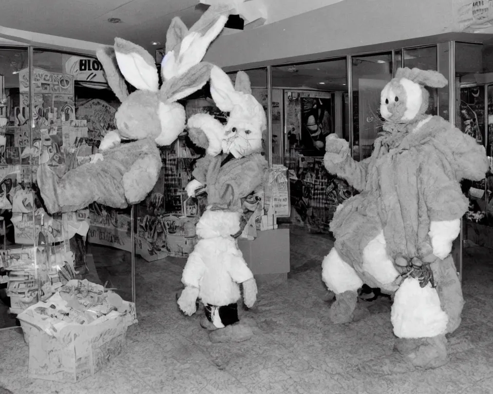 Image similar to the Easter Bunny at a very old mall, horror