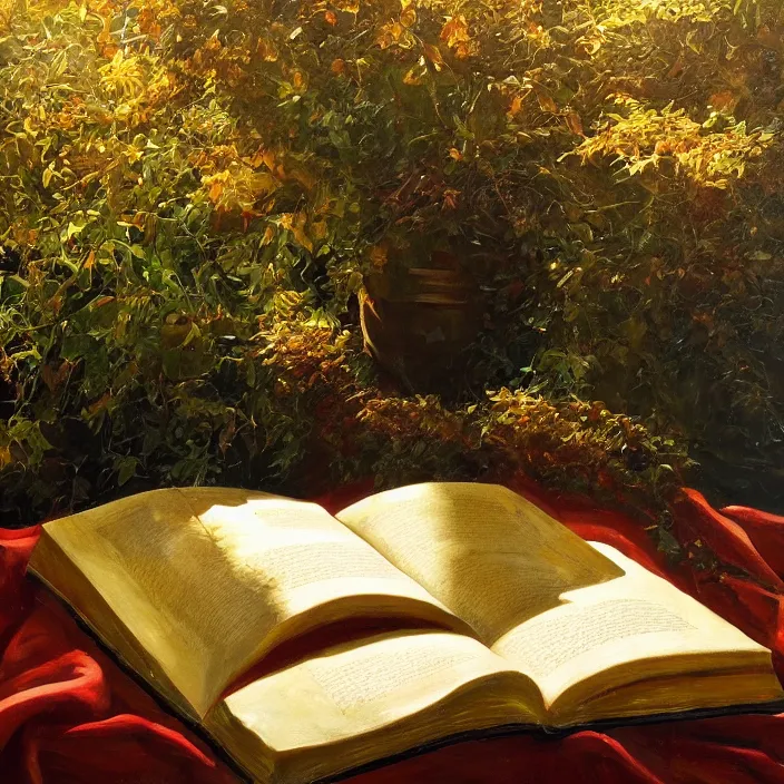 Image similar to still life painting of large book and greenery by tony ackland, deep depth of field. highly detailed, hyper realism, golden hour, god rays, hd, 4 k