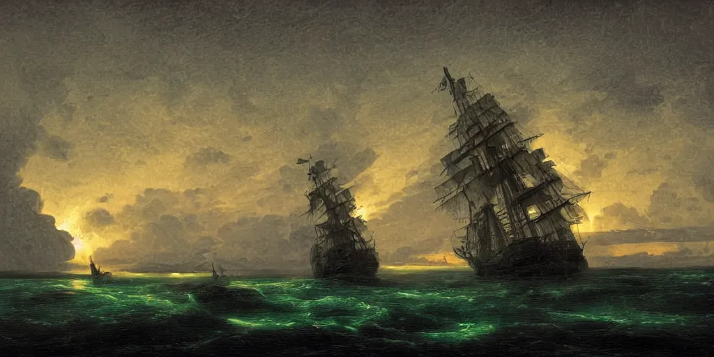 Prompt: digital painting of a 18th century ship stuck in ice on a cold sea at night. Sharp focus. Northern lights. Cinematic composition. Highly detailed. Low light, high contrast. Baroque.