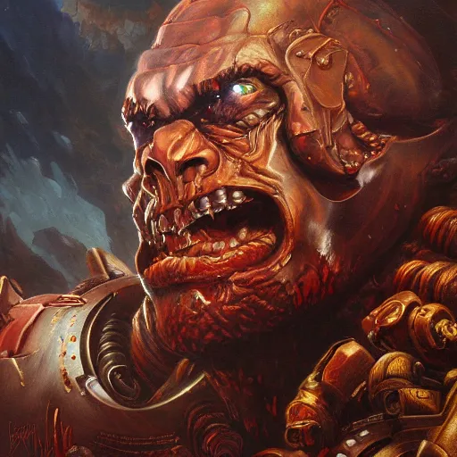 Image similar to detailed portrait of doom slayer intricate, hyper detailed, realistic, oil painting, by julie bell, frank frazetta, cinematic lighting