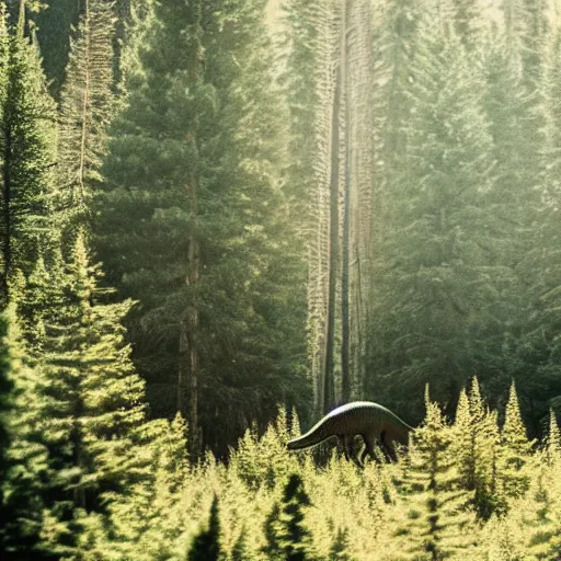 Image similar to a t - rex in the coniferous forest, background dolomites, cinematic, diffused light among the trees, artistic drawing