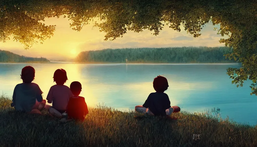 Prompt: kids sitting on the ground watching sunset on the lake, german forest, friends, hyperdetailed, artstation, cgsociety, 8 k