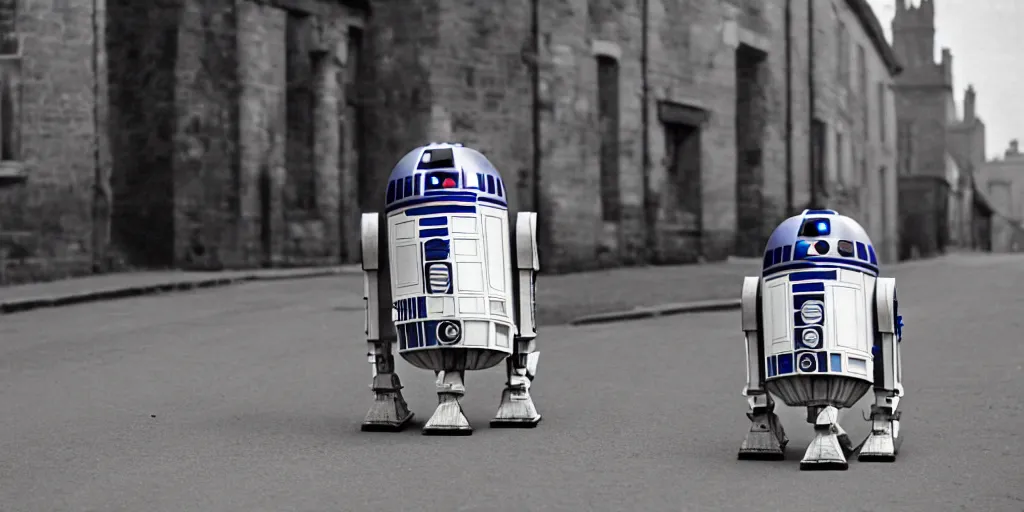 Prompt: vintage photo of a R2D2 on empty streets of 18th century England