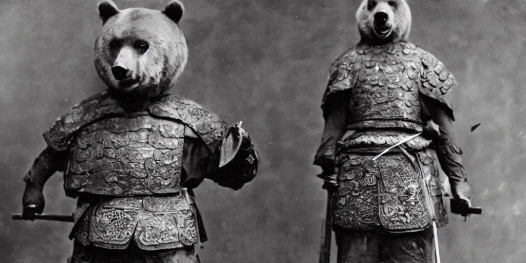 Image similar to anthropomorphic bear in samurai armor, 1900s photo