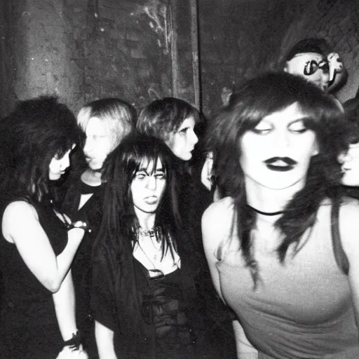 Prompt: goths in a nightclub in a vast underground bunker, berlin 1 9 8 2, grainy high contrast black and white