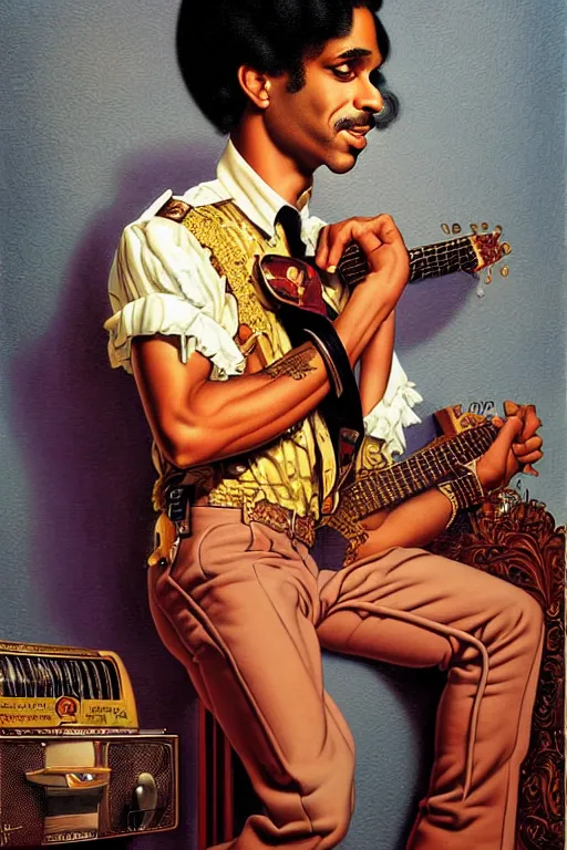 Image similar to prince rogers nelson portrait by gil elvgren and norman rockwell and rob gonsalves and hajime sorayama, hyperrealistic, high detail, ultra detailed, highly detailed face, ruffled fabric