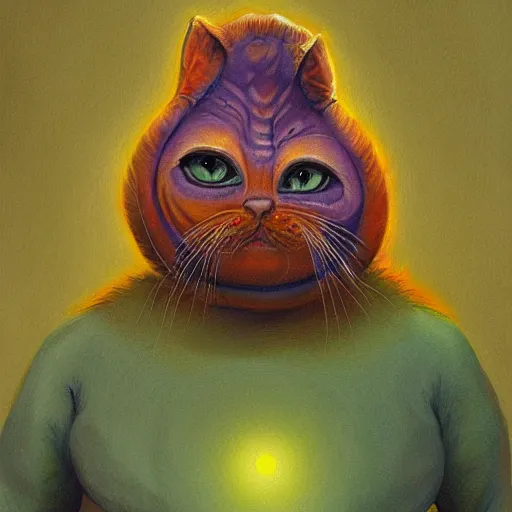 Image similar to painting of an alien cat creature that looks like garfield, in the style of wayne barlowe