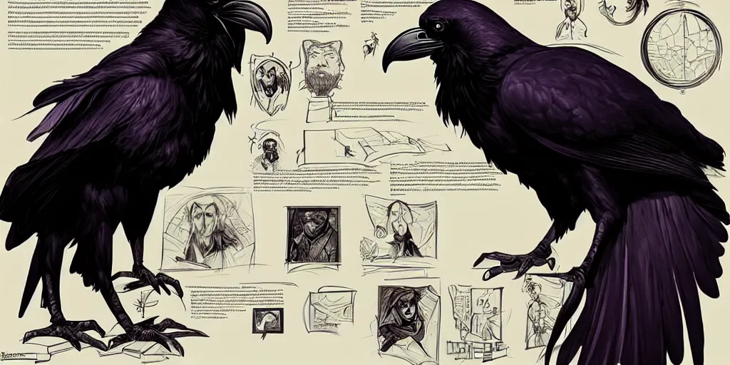 Prompt: a scholarly raven is seen writing at his desk. character sheet, character design, contrast, deep focus, turnaround, highly detailed, dramatic lighting, digital painting, artstation, concept art, matte, sharp focus, illustration, elegant, art by artgerm and greg f and alphonse mucha.