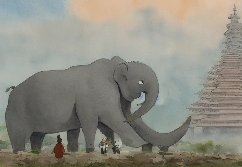 Image similar to a hyperrealist watercolor concept art from a studio ghibli film showing one giant grey elephant. a temple is under construction in the background in india on a misty and starry night. by studio ghibli. very dull muted colors