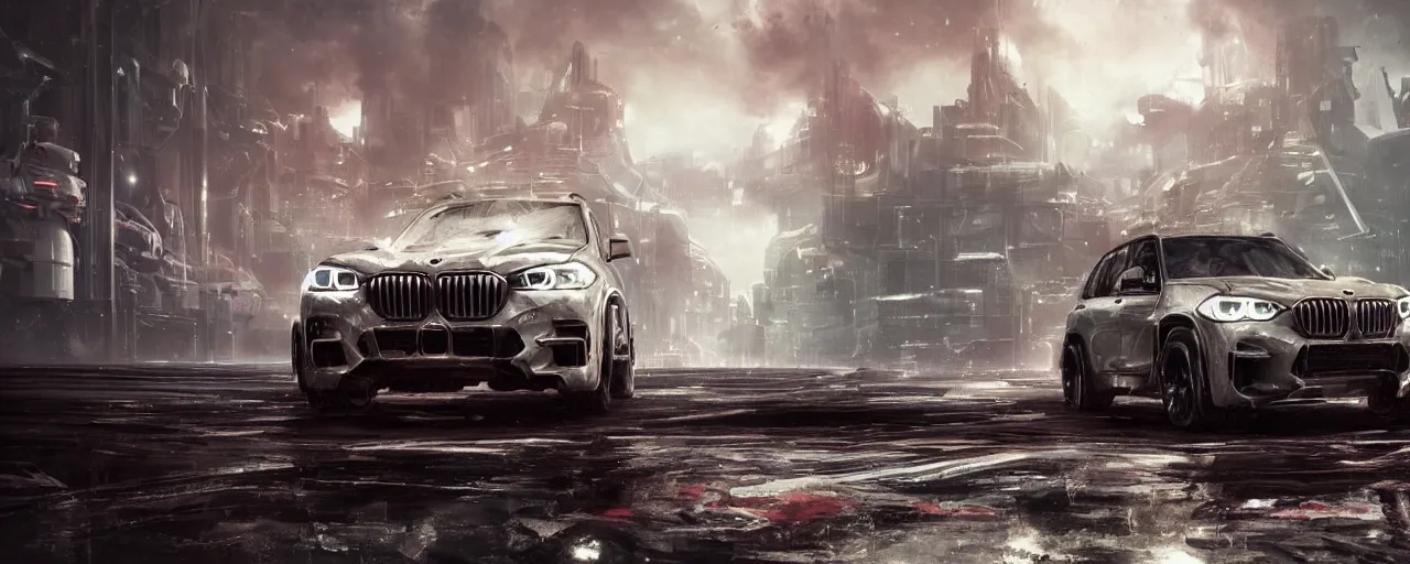 Prompt: scifi futuristic bmw x 5, scifi environment, white glow, red glow, ultra realistic, highly detailed, futuristic landscape, industrial, city, atmosphere, highlighted, cinematic, art by jan urschel and neil blevins