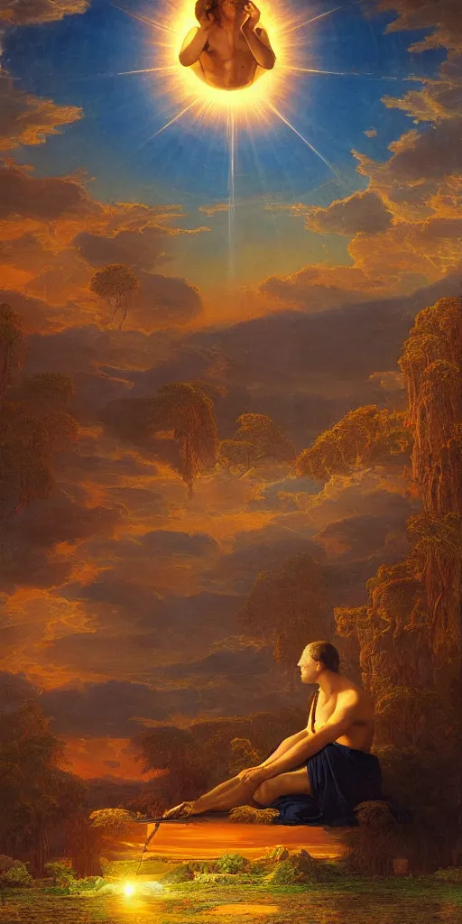 Image similar to symmetry!! god smoking a joint in a surreal landscape of a dream, lucid dream, people, very detailed, serene, peaceful, golden hour, perfect lighting, perfect composition, digital art, illustration, frederic edwin church, tom white, 4 k