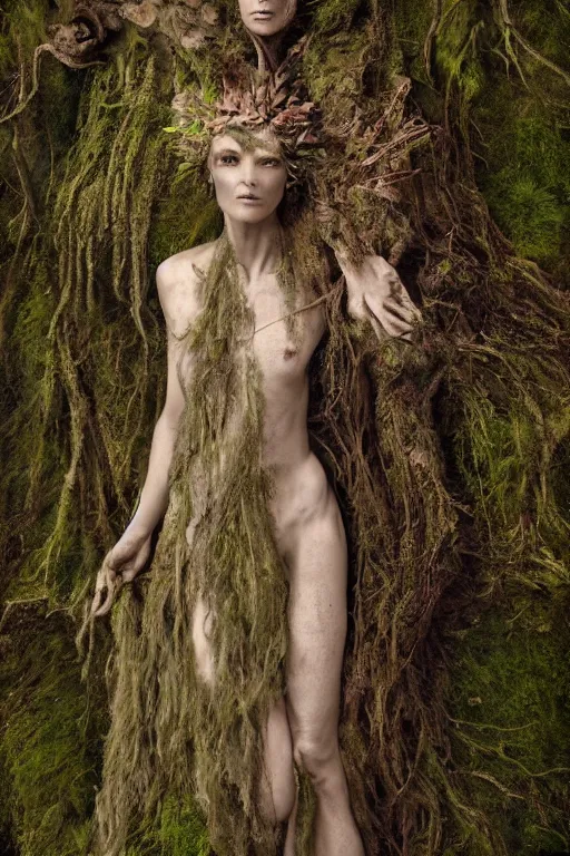 Prompt: hyper realistic self portrait of a dryad nature spirit, clothed in a gown made out of bark and moss, by laura zalenga, by alexander holllow fedosav, by aleksi briclot, 8 k dop dof hdr