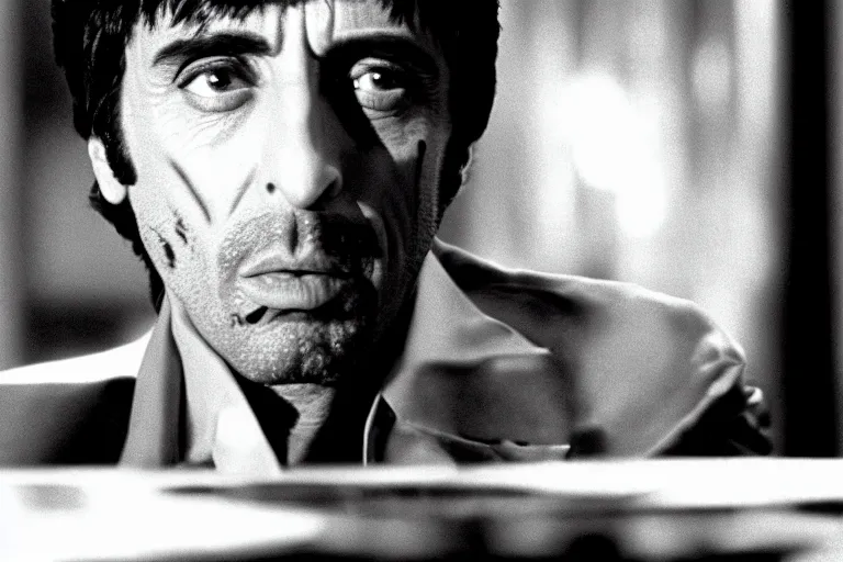 Image similar to face portrait of tony montana from movie scarface 1 9 8 3 sitting behind a big black oak table with big large packages of flour. al pacino. perfect symmetric face, coherent eyes, ron cobb, fine details, cinestill, 4 k. last scene from scarface movie, bokeh