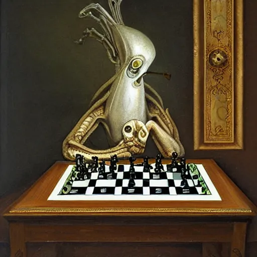 Image similar to alien playing chess looking wise, rococo oil painting, highly detailed