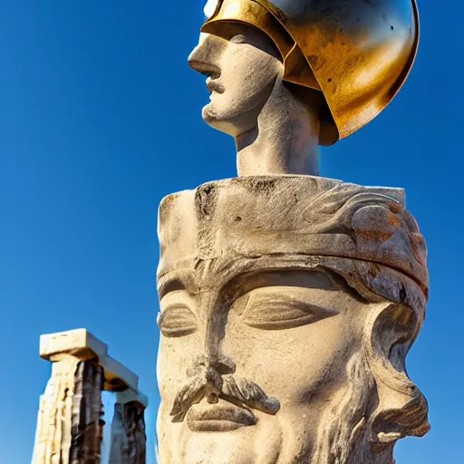 Image similar to tiny greek goddess in steel helmet standing on a giant greek bearded male head, greek temple of olympus glory island, late afternoon light, wispy clouds in a blue sky, by frank lloyd wright and greg rutkowski and ruan jia