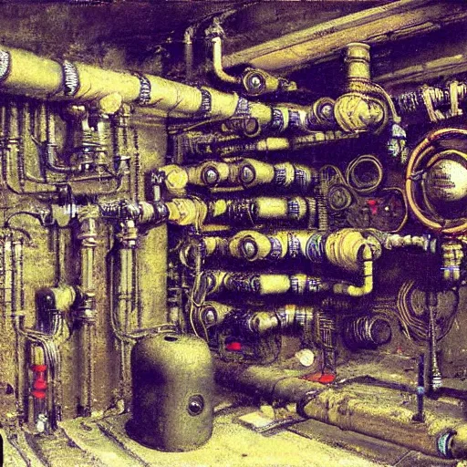 Prompt: cyberpunk network of pipes, by Ilya Repin