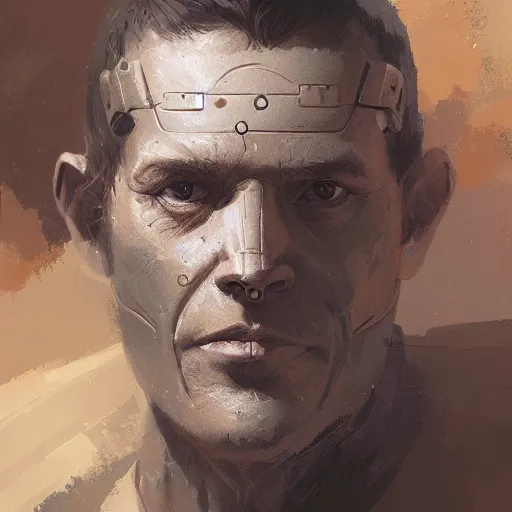 Image similar to a neolithic priest, male, cybernetically enhanced, sci fi character portrait by greg rutkowski, craig mullins