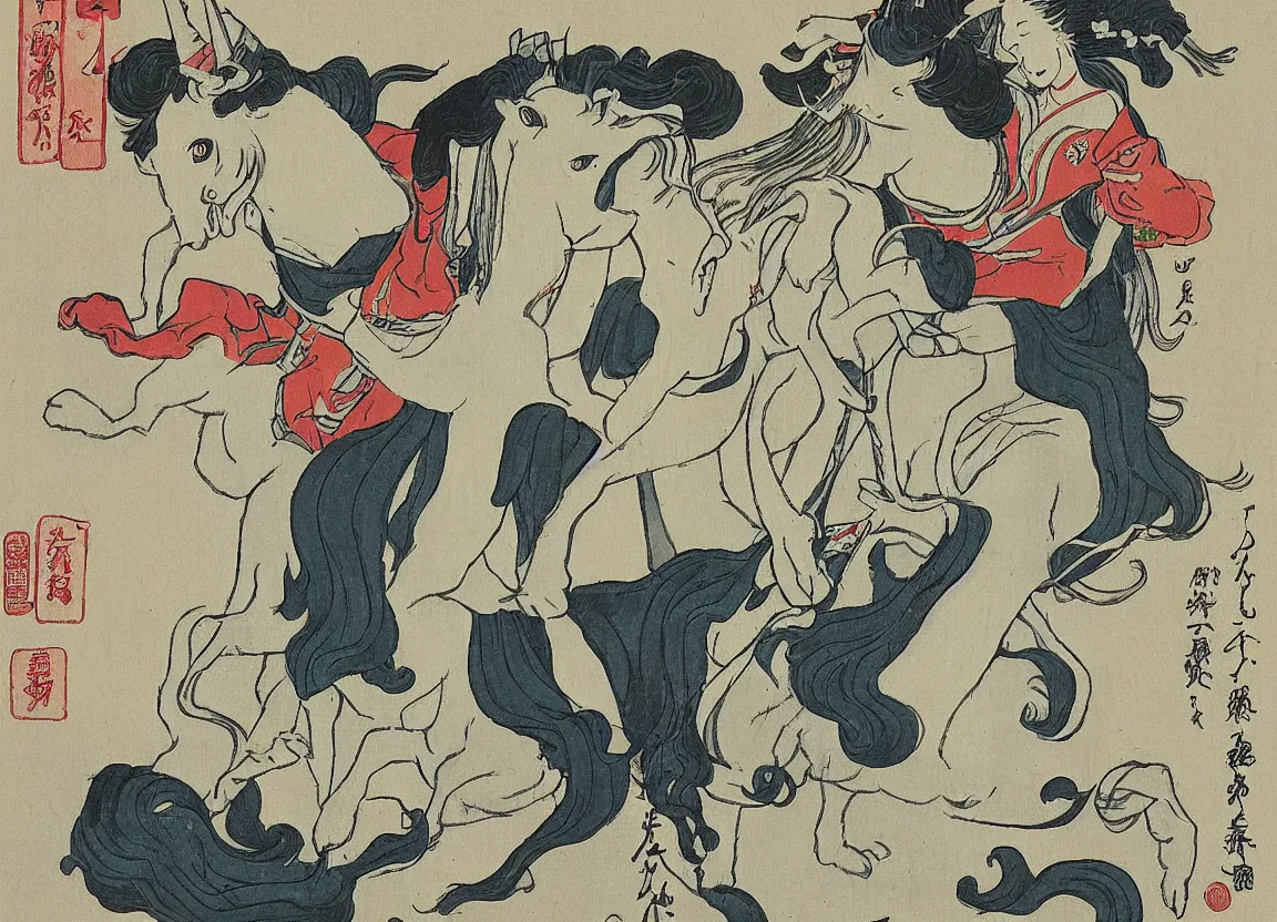 Prompt: woman riding a flying unicorn, japanese illustration