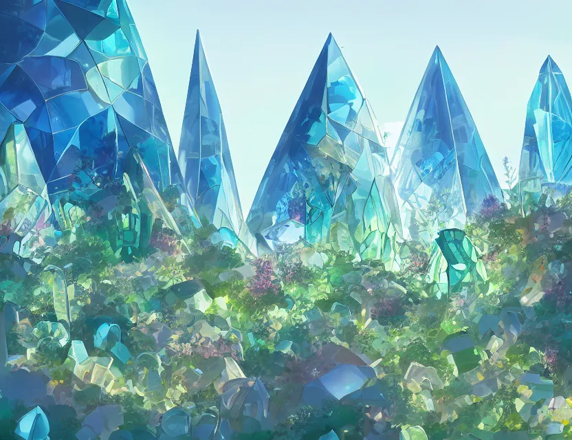 Image similar to beautiful futuristic crystal architecture with organic shapes, blooming plants growing on it. gouache, limited palette with complementary colors, by award - winning mangaka, backlighting, bold composition, depth of field.