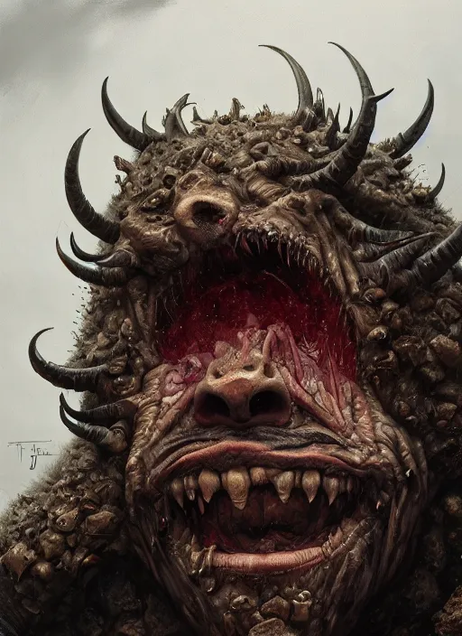 Prompt: close up portrait of an evil monster with bad smell in the mountains of hell, oil painting by tomasz jedruszek, cinematic lighting, pen and ink, intricate line, hd, 4 k, million of likes, trending on artstation