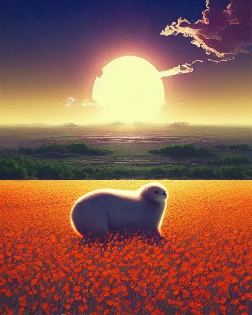 Image similar to white capybara looking at the sun in a flower field, surreal photography, sunrise dramatic light, impressionist painting, colorful clouds, digital painting, artstation, kilian eng, john harris, bastien lecouffe - deharme, simon stalenhag, flower face