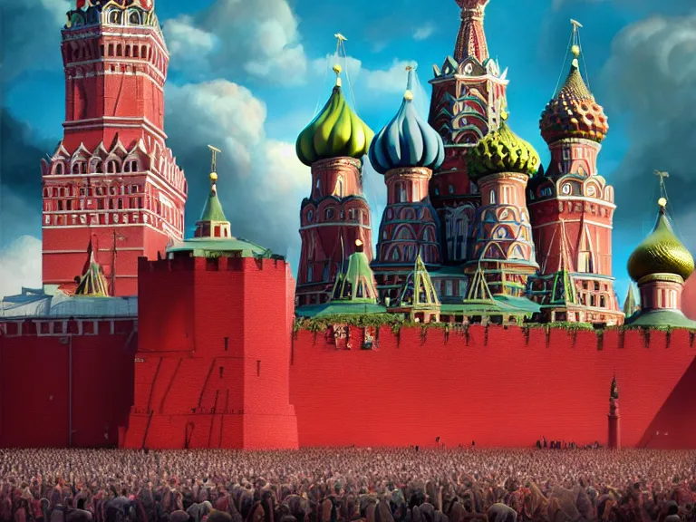 Prompt: Red Square Kremlin has just been nuked, Oil Painting, Trending on Artstation, octane render, Insanely Detailed, 8k, HD, design by Mark Ryden and Pixar and Hayao Miyazaki, unreal 5, DAZ, hyperrealistic, octane render, dynamic lighting, intricate detail, summer vibrancy, cinematic