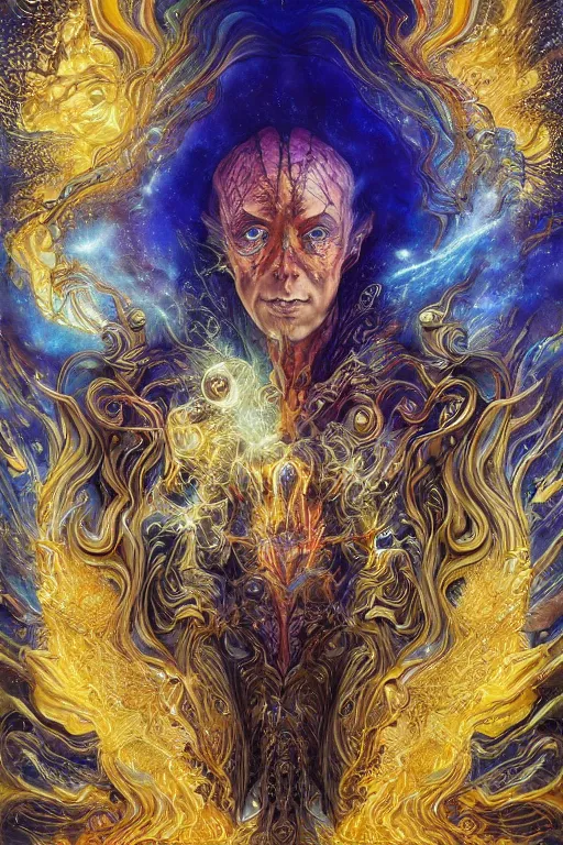 Image similar to a golden wizard with a detailed robe with beautiful eyes coming from a tumultuous mist of nebula gas, various color scheme by android jones , alex gray, Karol Bak, Ayami Kojima, Amano