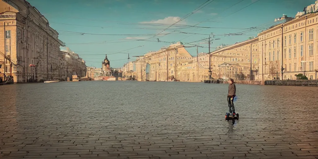 Image similar to cinematic street shot of a floating hoverboarding city saint petersburg city, telephoto, anamorphic cinematography, beautiful composition, color theory, leading lines, photorealistic, moody volumetric lighting