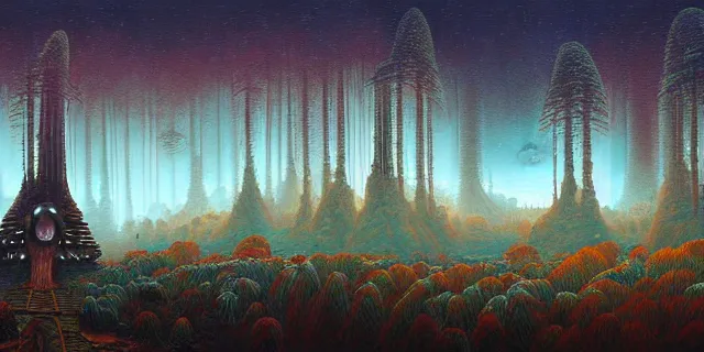 Prompt: painting of redwood forest and redstone labyrinth in the style of nebulapunk by dan seagrave and tomasz alen kopera with a futuristic castle by simon stahlenhag