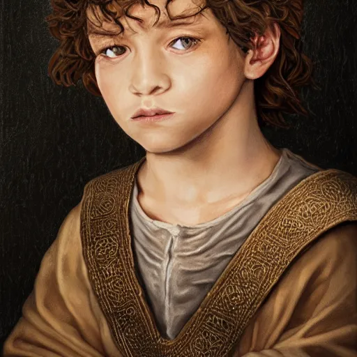 Image similar to a detailed portrait of a medieval ten year old boy, he has short curly brown hair, brown eyes and white skin, fantasy art illustration, incredibly highly detailed and realistic, 8 k, sharp focus