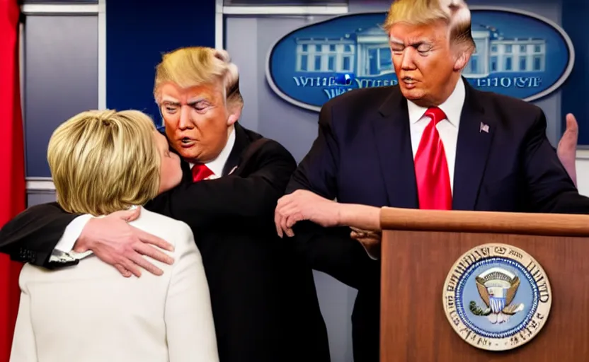 Image similar to Donald Trump kissing and hugging Hillary Clinton at a white house press briefing AP news photo