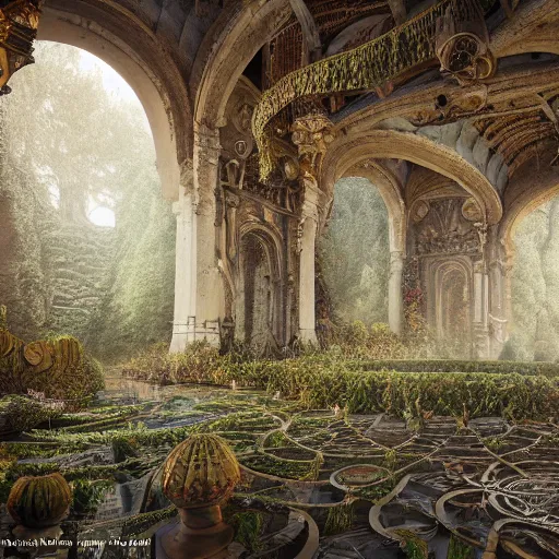 Image similar to Inside of an intricate labyrinth, organic, baroque, wonderland, mist, cinematic shot, photorealistic, photography, octane, high definition, detailed, 8k, artstation