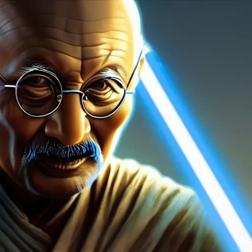 Image similar to a photorealistic portrait of ghandi as a jedi in star wars cinematic lighting, photorealistic, octane render, 8 k, depth of field, 3 d, art by artgerm and greg rutkowski and alphonse mucha and uang guangjian and gil elvgren and sachin ten