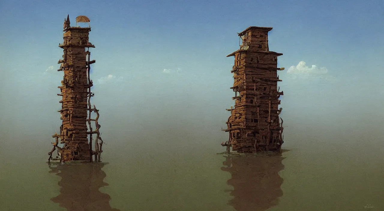 Prompt: single flooded simple ancient wooden arabian tower, very coherent and colorful high contrast!! masterpiece by rene magritte simon stalenhag carl spitzweg syd mead norman rockwell edward hopper james gilleard, surrealism!, minimalist, dark shadows, sunny day, hard lighting