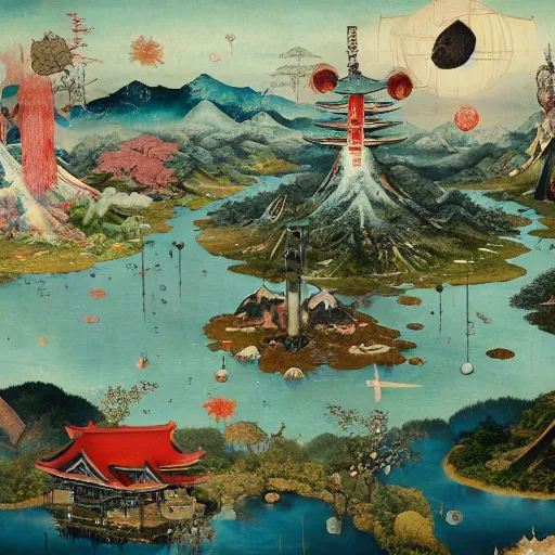 Prompt: Japanese Hills by Hieronymus Bosch and James Jean, Ross Tran, very coherent, HD, hypermaximalist, 8k, surreal oil painting, photo realistic, highly detailed, dream like, masterpiece