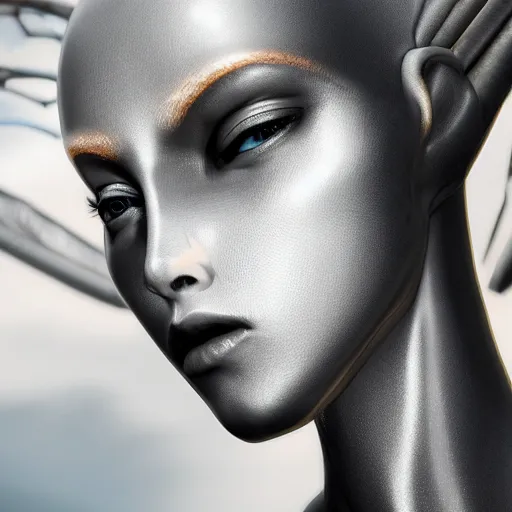 Prompt: A young beautiful female angelic-extraterrestrial-cyborg face with a very long neck, big clear eyes, thin nose, big lips, hair floating in the wind, Realistic, Refined, Digital Art, Pre-Raphaelite, Highly Detailed, Cinematic Lighting, rim light, black and white, photo-realistic Unreal Engine, 8K