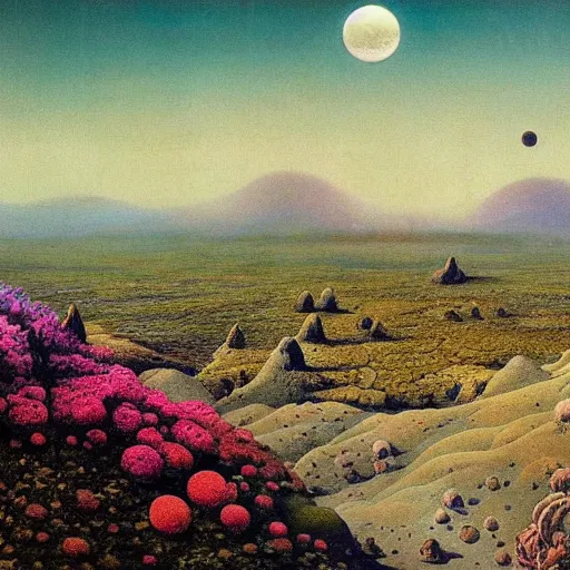 Image similar to a landscape on the moon with many craters, barren moon landscape, in a big crater at the center there is a beautiful flowering garden, 8 k, lowbrow in the style of martin johnson heade and daniel merriam and roger dean,